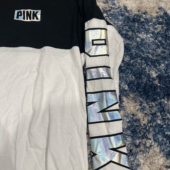 PINK Victoria's Secret Pink Bling Long Sleeve Black and White Tee - Picture 2 of 8